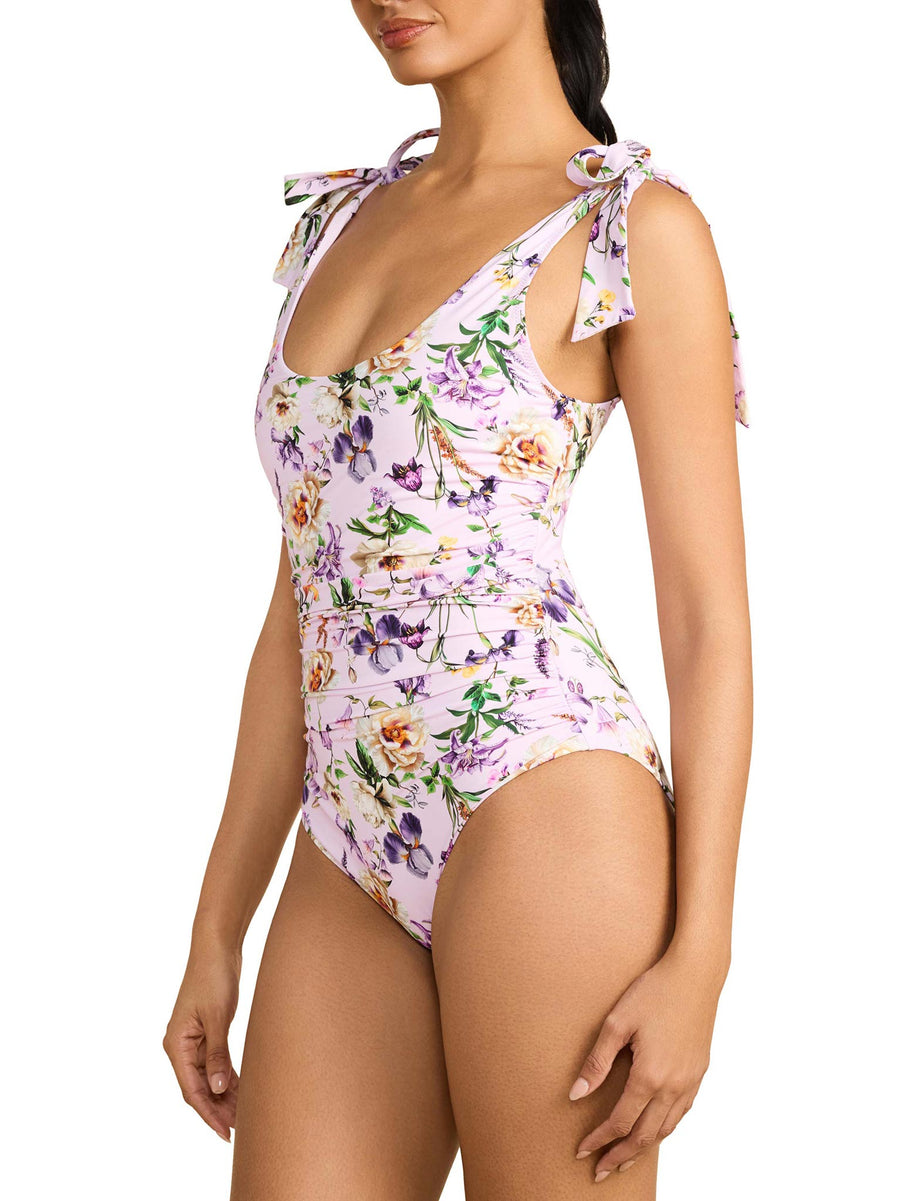 Ruched Bow One Piece Swimsuit Fawning Flora Purple - Side View, ruched waist & tie-bow straps | Hanky Panky
