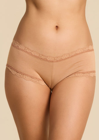 Sun Tan Supima® Cotton Boyshort with Lace Trim - Front View | Hanky Panky