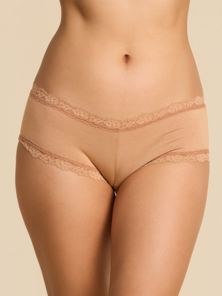 Sun Tan Supima® Cotton Boyshort with Lace Trim - Front View | Hanky Panky