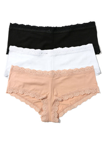 Black, White & Chai Cotton Boyshort 3-Pack with Lace Trim - Flat Lay | Hanky Panky