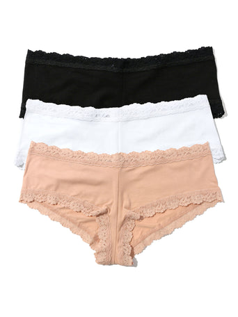 Black, White & Chai Cotton Boyshort 3-Pack with Lace Trim - Flat Lay | Hanky Panky