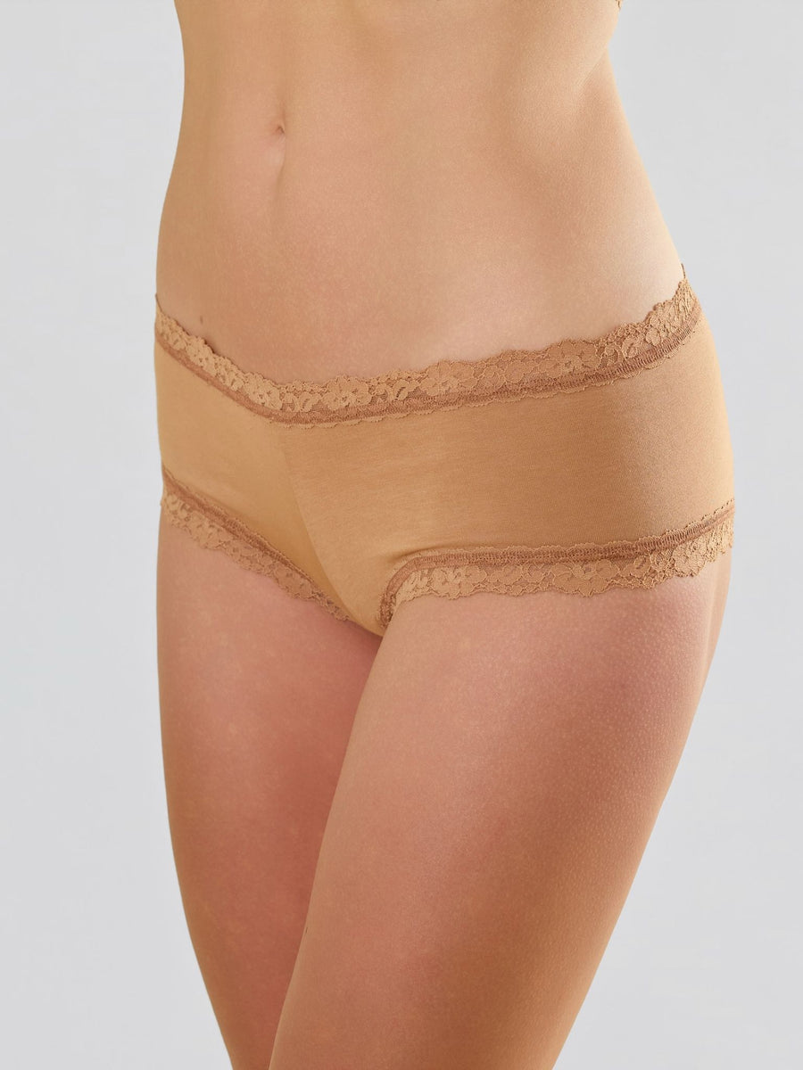 Sun Tan Supima® Cotton Boyshort with Lace Trim - Side Angle On Model | Hanky Panky