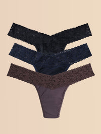 3 Pack Supima® Cotton Low Rise Thongs With Lace Black/Navy/Dusk