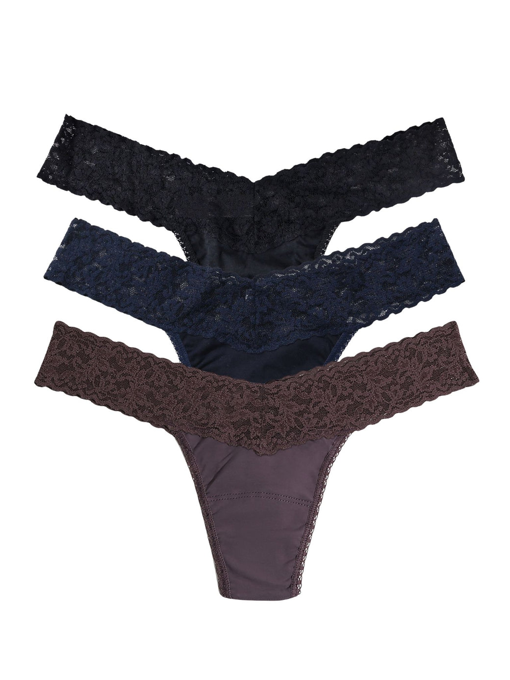 3 Pack Supima® Cotton Low Rise Thongs With Lace Black/Navy/Dusk