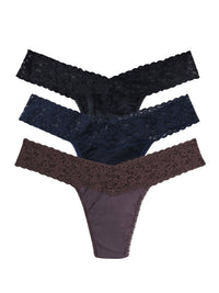 3 Pack Supima® Cotton Low Rise Thongs With Lace Black/Navy/Dusk