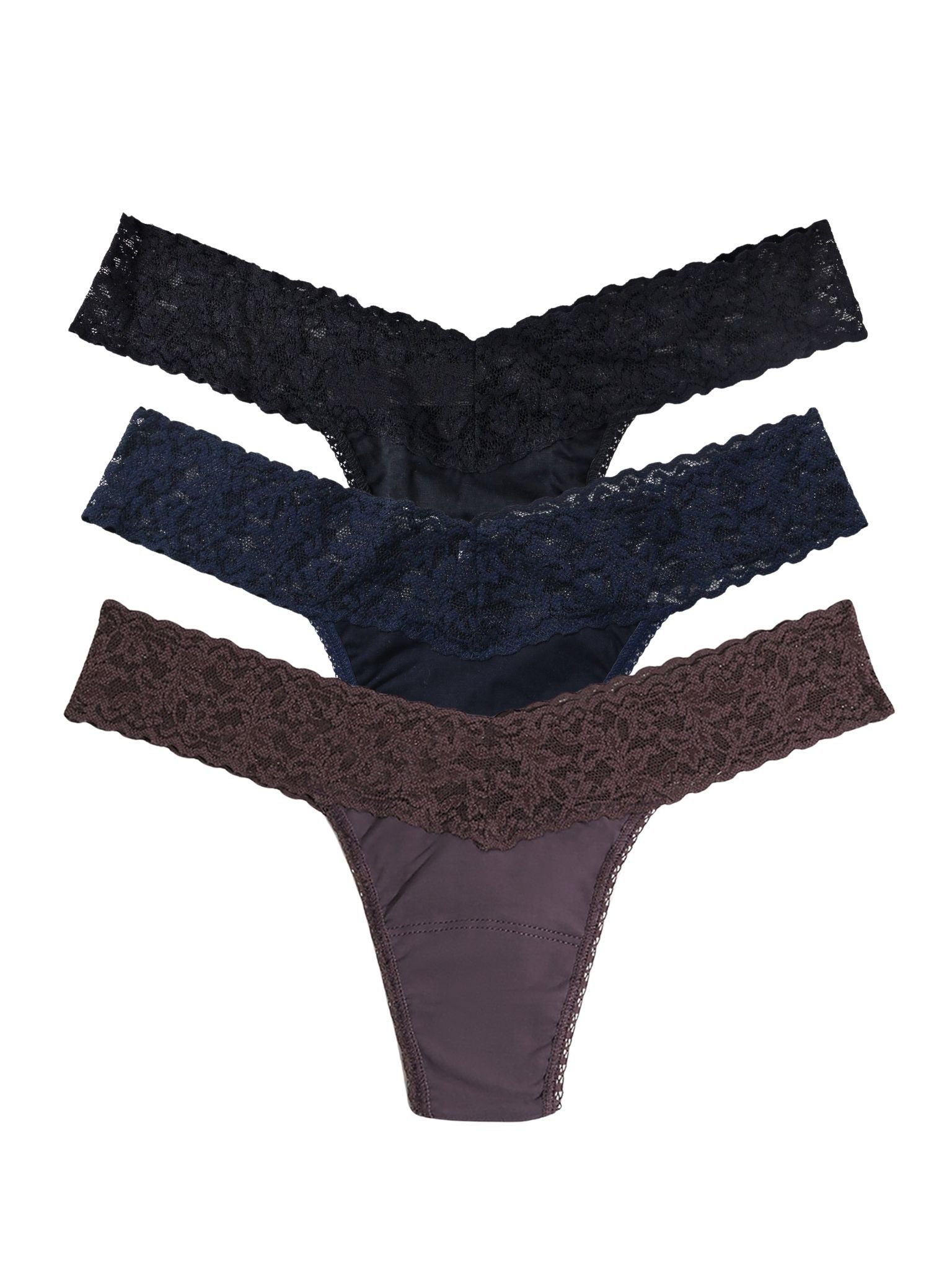 Black, Navy & Dusk Supima Cotton Low Rise Thong 3-Pack, Lace Waistband Detail - Flat Lay | Hanky Panky