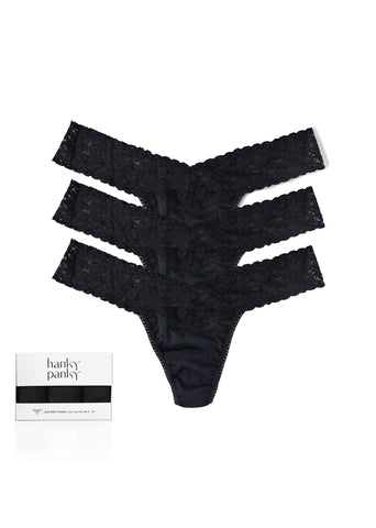 Black Supima® Cotton Low Rise Thong 3-Pack with Lace Waistband - Flat Lay with Gift Box | Hanky Panky
