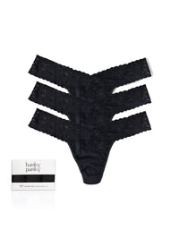 Black Supima Cotton Low Rise Thongs 3-Pack with Lace Waistband - Flat Lay | Hanky Panky
