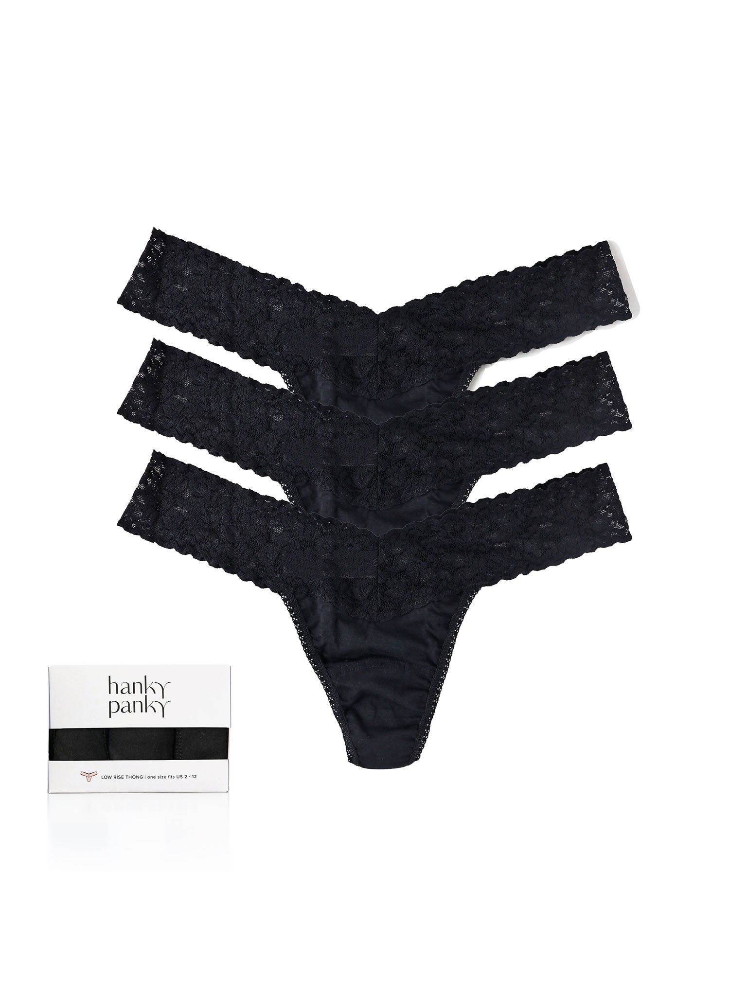 Black Supima Cotton Low Rise Thongs 3-Pack with Lace Waistband - Flat Lay | Hanky Panky