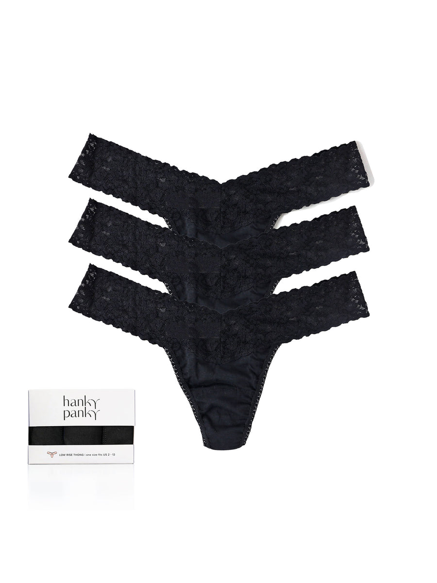 Black Supima Cotton Low Rise Thongs 3-Pack with Lace Waistband - Flat Lay | Hanky Panky