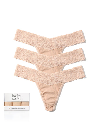 Chai 3 Pack Supima® Cotton Low Rise Thongs With Lace - Flat Lay with Box | Hanky Panky