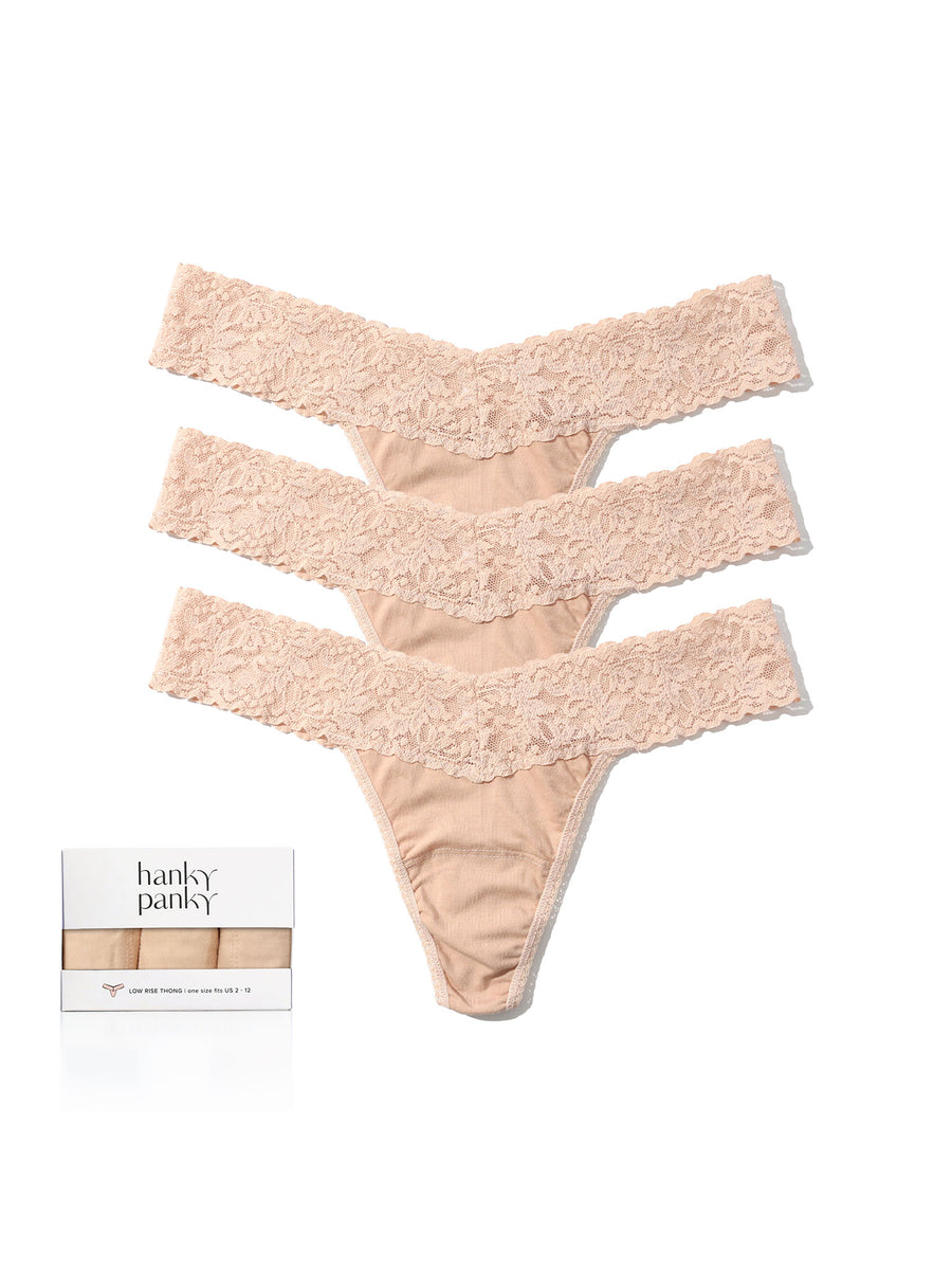 Chai 3 Pack Supima® Cotton Low Rise Thongs With Lace - Flat Lay with Box | Hanky Panky