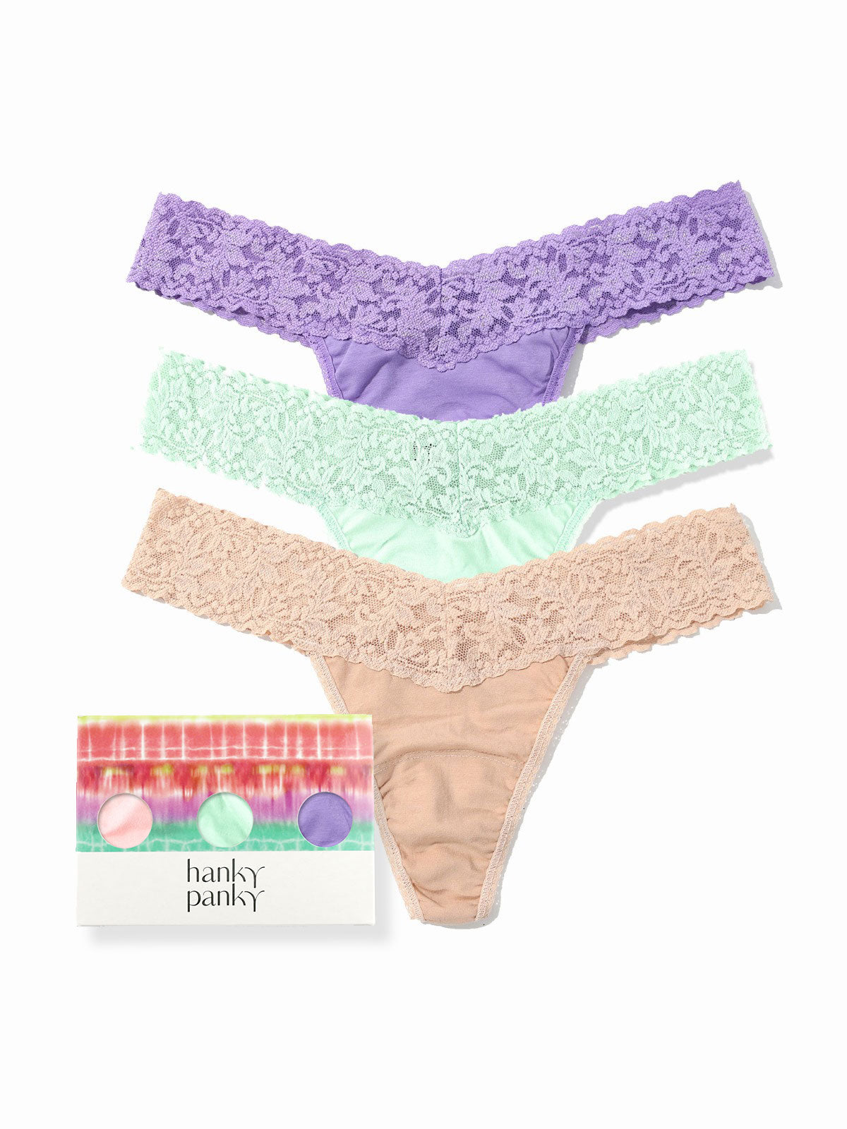 Three pairs of lace underwear in purple, green, and beige with a Hanes tag on a white background.
