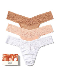 3 Pack Supima® Cotton Low Rise Thongs With Lace Golden Sands (Sun Tan, Chai & White)