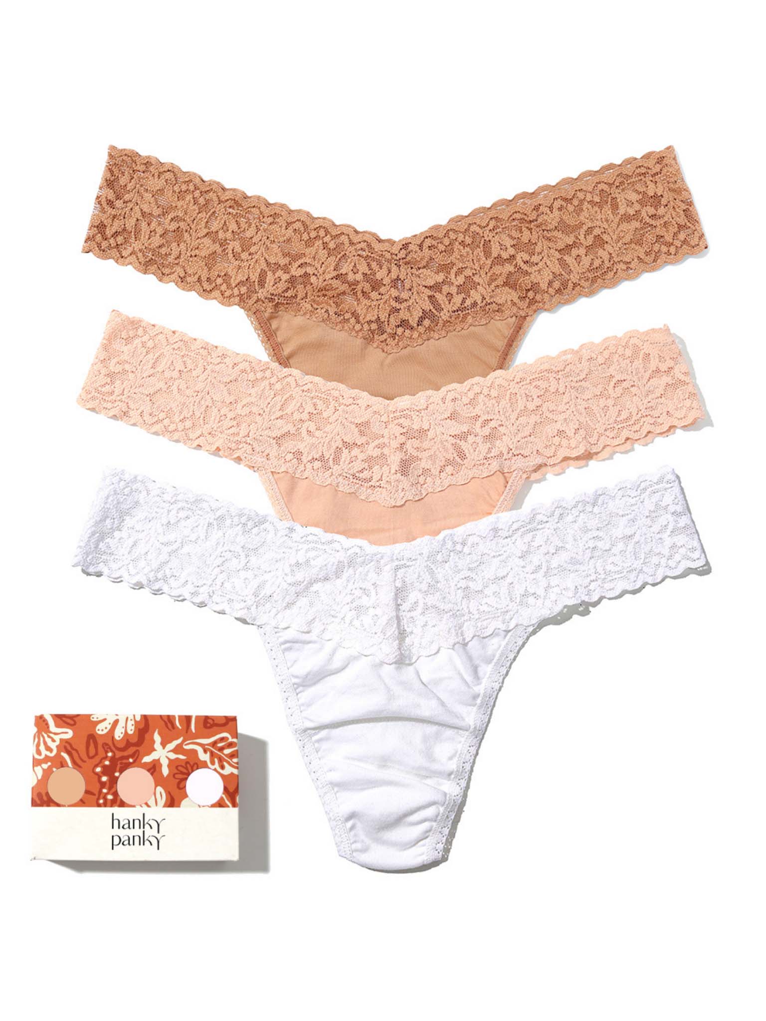 3 Pack Supima® Cotton Low Rise Thongs with Lace Golden Sands, Sun Tan Chai White - Front Flat Lay | Hanky Panky
