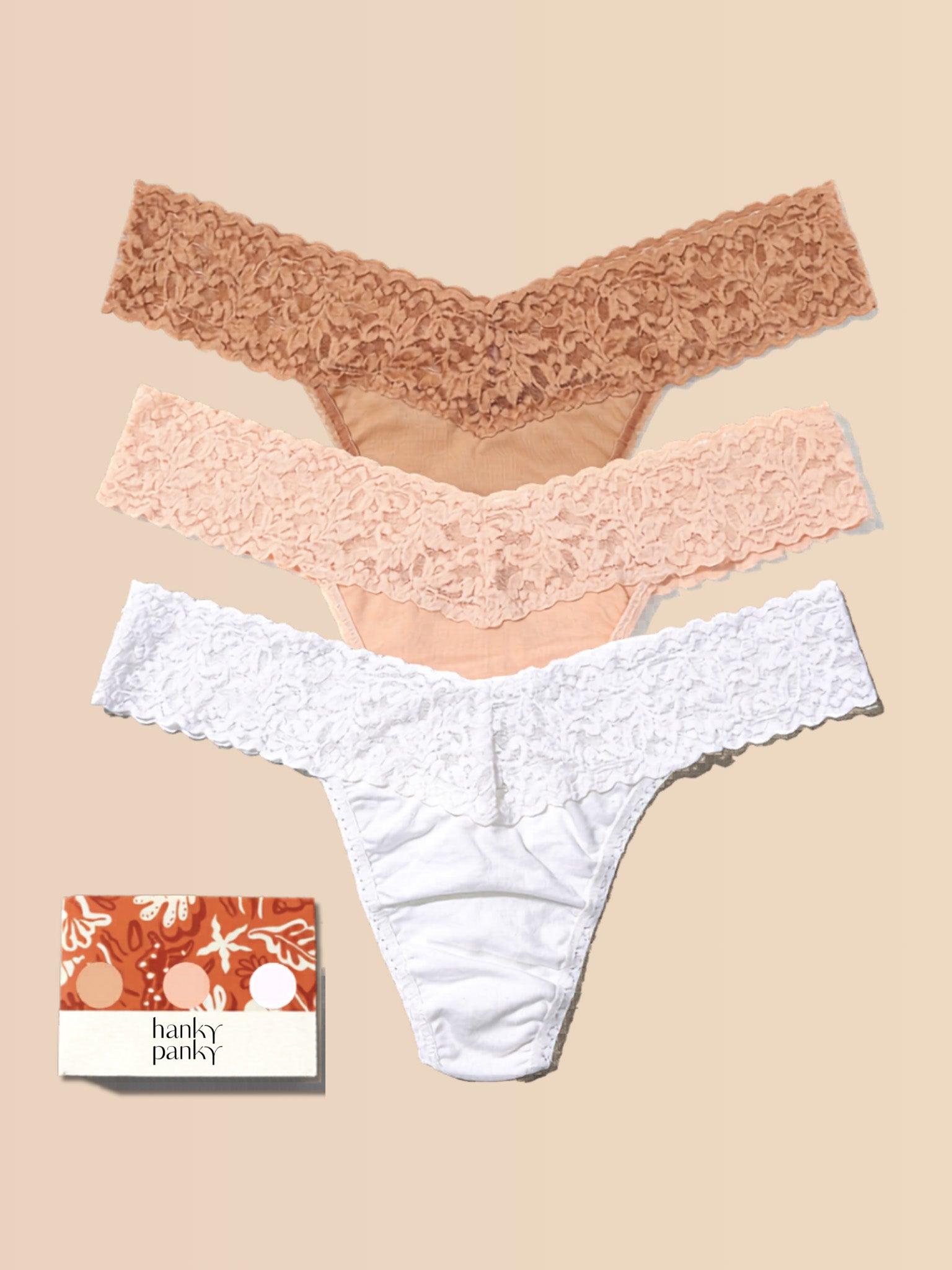 3 Pack Supima® Cotton Low Rise Thongs with Lace, Sun Tan, Chai & White - Flat Lay with Gift Box | Hanky Panky