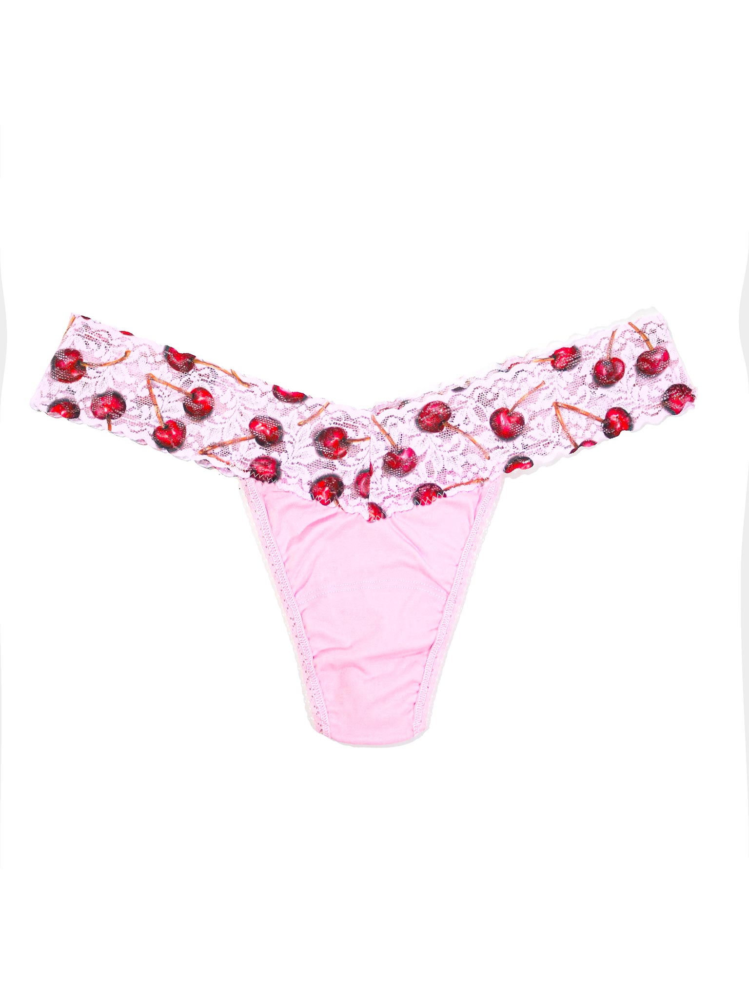 Cherry Print Pink Supima® Cotton Low Rise Thong with Lace Waistband - Flat Lay | Hanky Panky