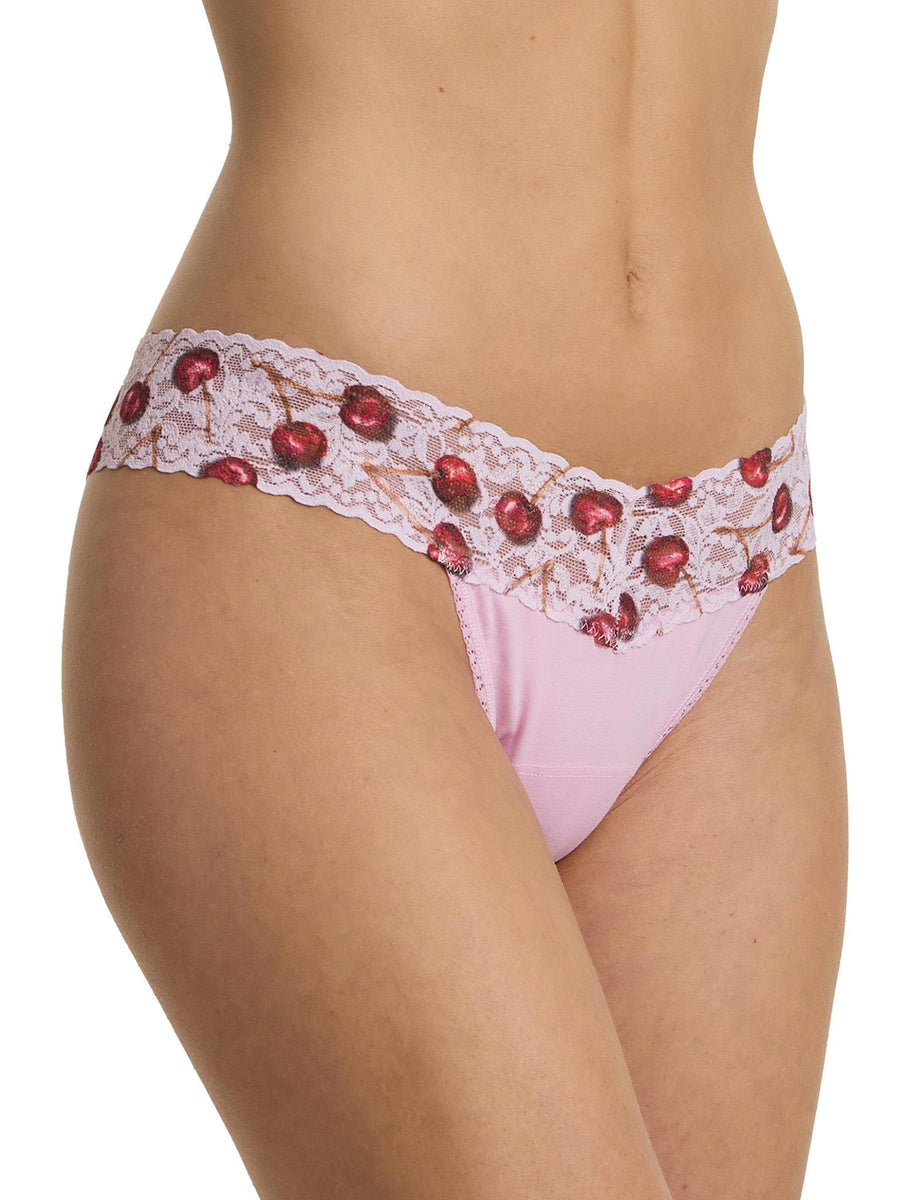 Supima® Cotton Printed Low Rise Thong Cherry Delight Pink - Side View On Model | Hanky Panky