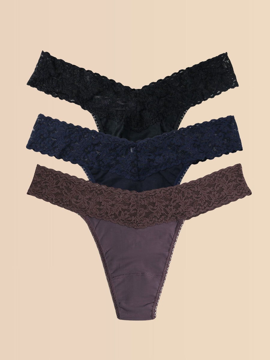 Black Navy Dusk Supima Cotton Thong 3-Pack - Flat Lay on Cream | Hanky Panky