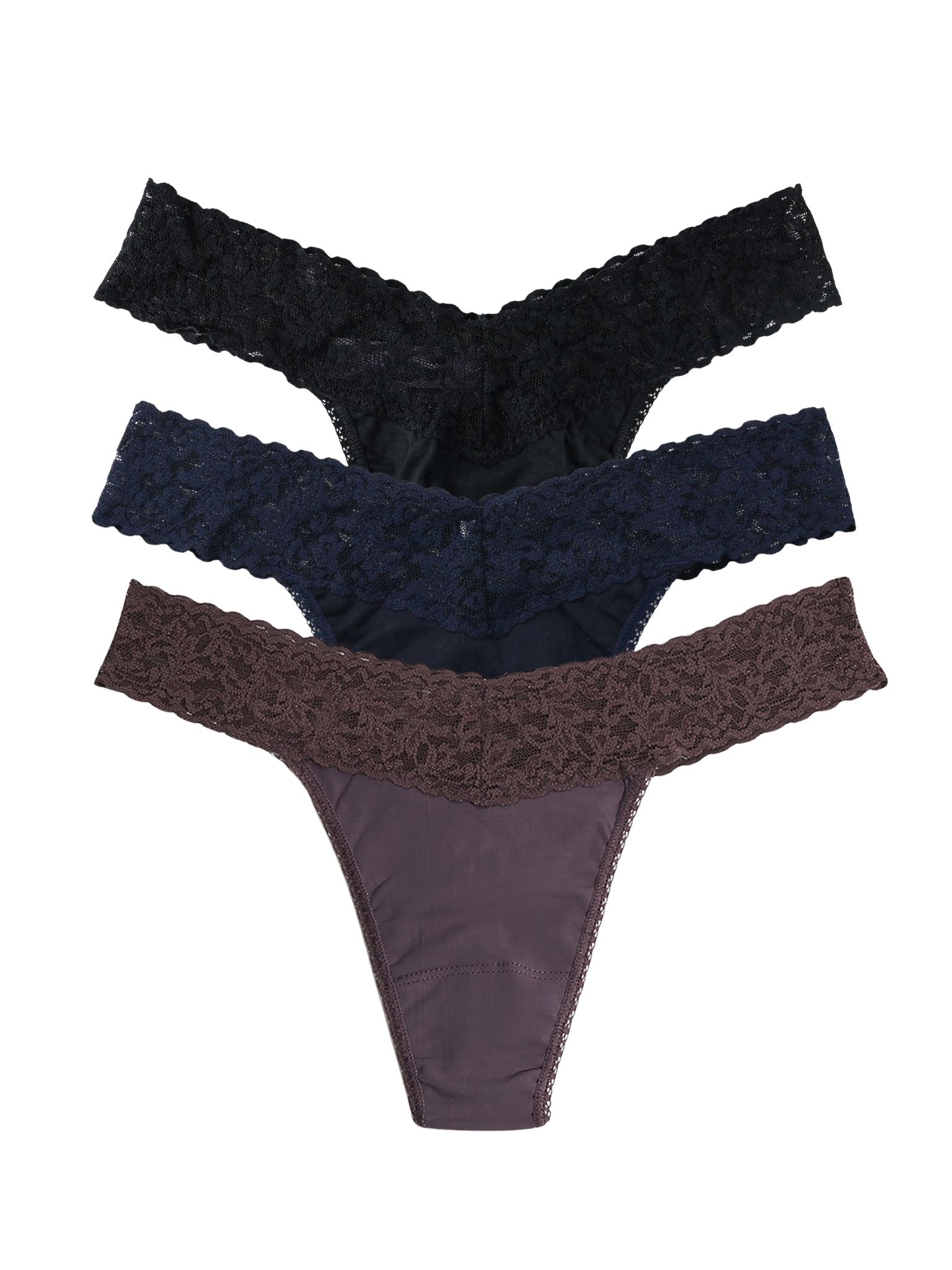 Black Navy Dusk Supima Cotton Lace Waistband Thong 3-Pack - Flat Lay on White | Hanky Panky