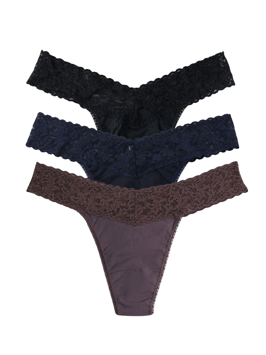 Black Navy Dusk Supima Cotton Lace Waistband Thong 3-Pack - Flat Lay on White | Hanky Panky