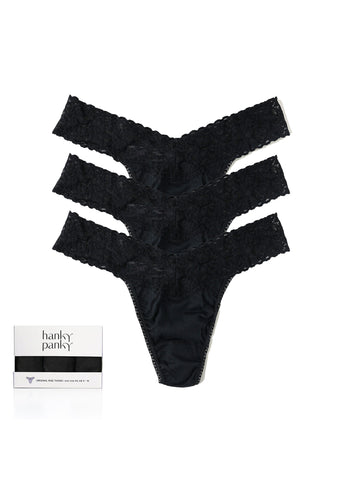 Black Supima® Cotton Original Rise Thongs 3-Pack, lace waistband flat lay with gift box | Hanky Panky