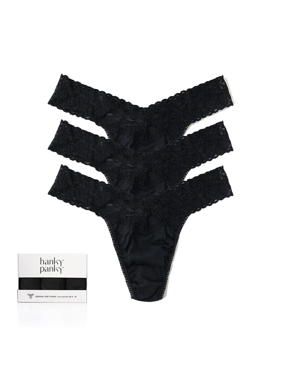 Black Supima® Cotton Original Rise Thongs 3-Pack, lace waistband flat lay with gift box | Hanky Panky