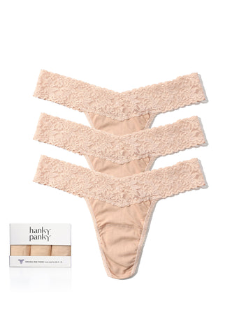 Chai Supima® Cotton Original Rise Thong 3-Pack Flat Lay with Gift Box | Hanky Panky