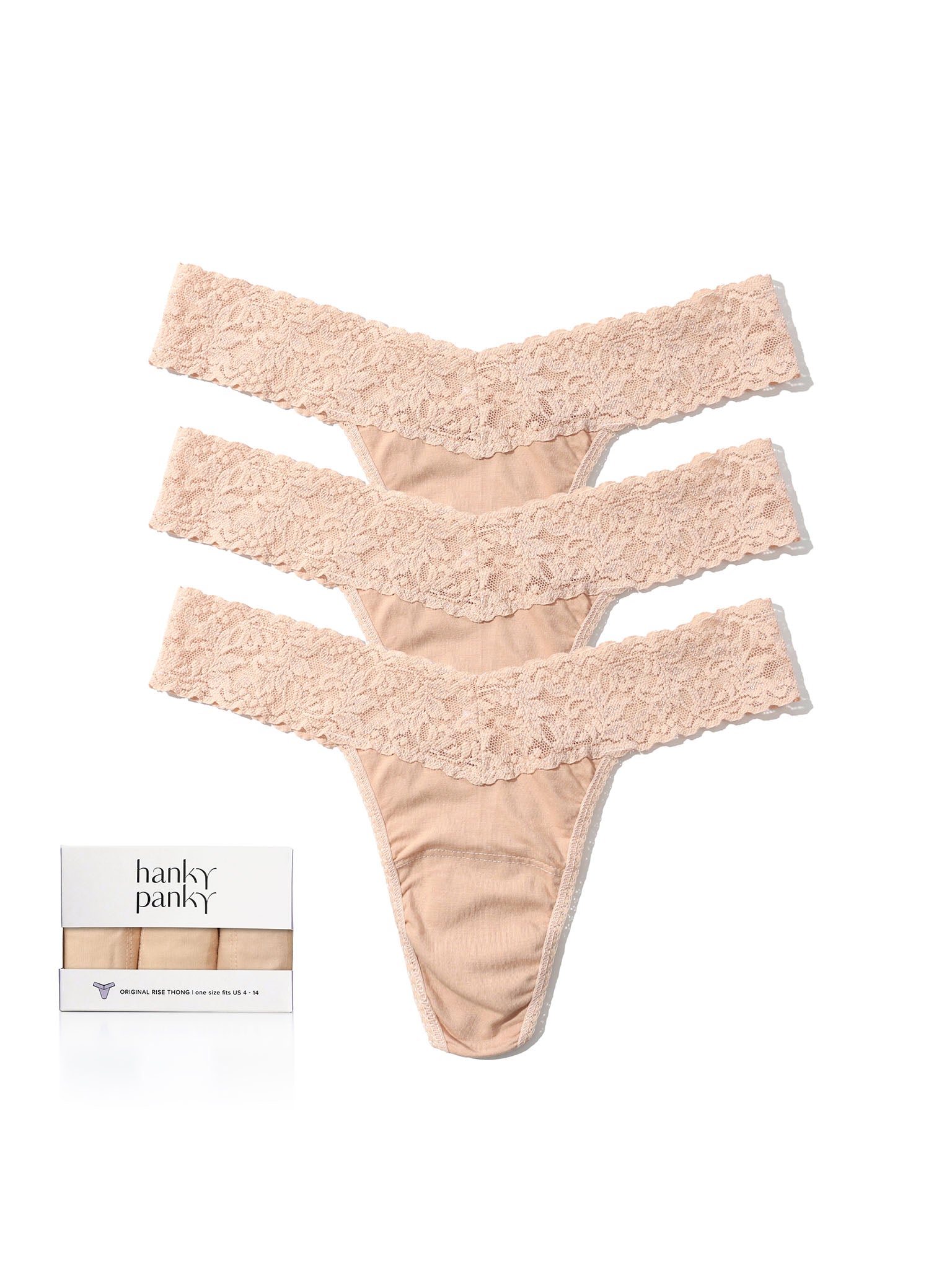 Chai Supima Cotton Original Rise Thongs 3-Pack Flat Lay with Gift Box | Hanky Panky