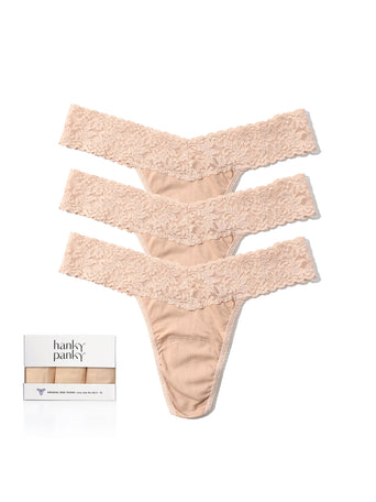 Chai Supima Cotton Original Rise Thongs 3-Pack Flat Lay with Gift Box | Hanky Panky