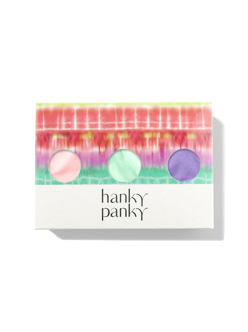 Spring Hues cotton thong 3-pack gift box in tie-dye print with pink, mint, purple swatches | Hanky Panky