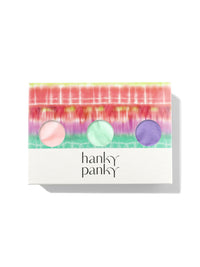 Spring Hues cotton thong 3-pack gift box in tie-dye print with pink, mint, purple swatches | Hanky Panky