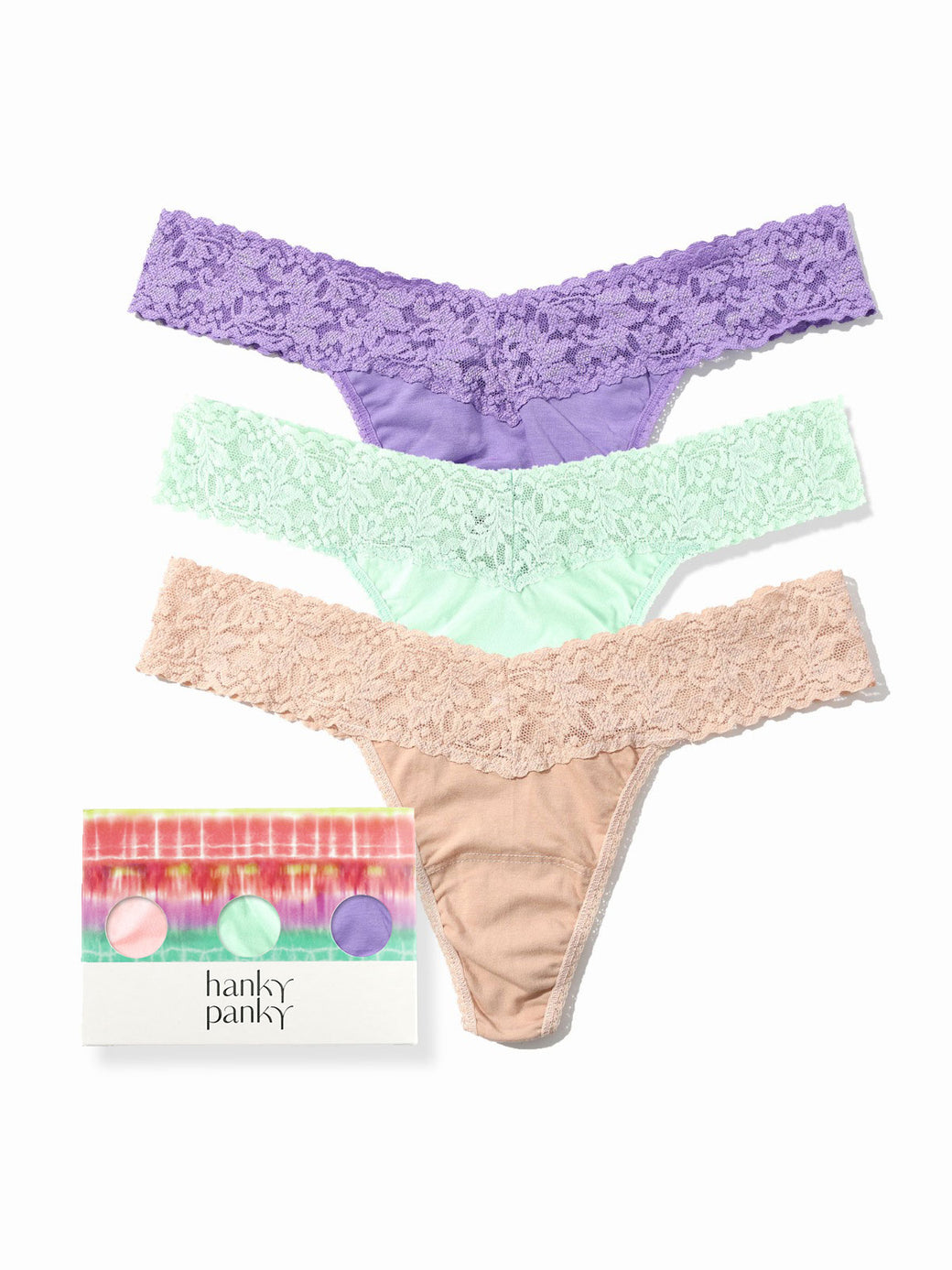 Supima Cotton thongs in lavender, mint, and nude with lace waistband, flat lay with gift box | Hanky Panky