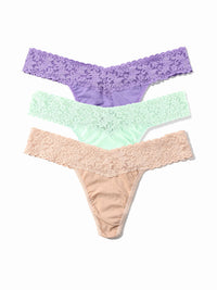 3-Pack Supima® Cotton Original Rise Thongs in lavender, mint, and nude lace - Flat Lay | Hanky Panky