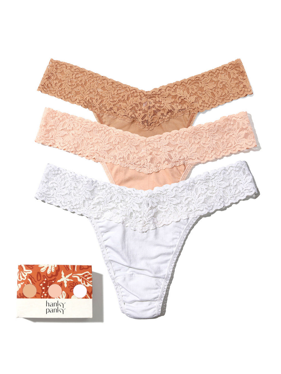 Golden Sands 3-pack Supima® cotton thongs in chai, sun tan & white with gift box, white background | Hanky Panky