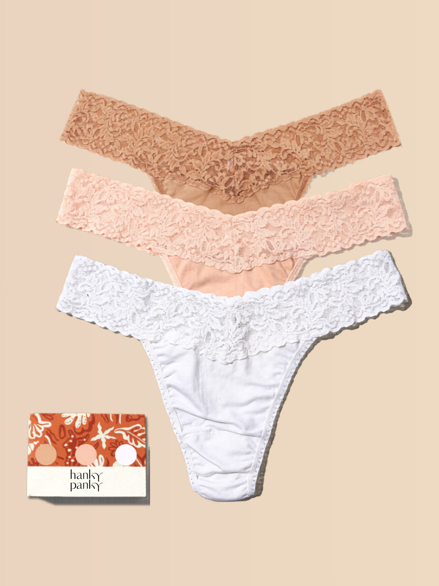 Golden Sands 3-pack Supima® cotton thongs in chai, sun tan & white with lace waistband, flat lay with gift card | Hanky Panky