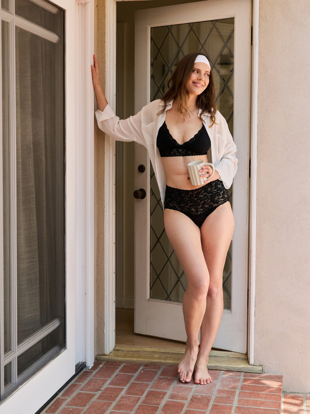 Black Supima® Cotton Padded Bralette layered under open shirt - On Model Morning Lifestyle Shot | Hanky Panky