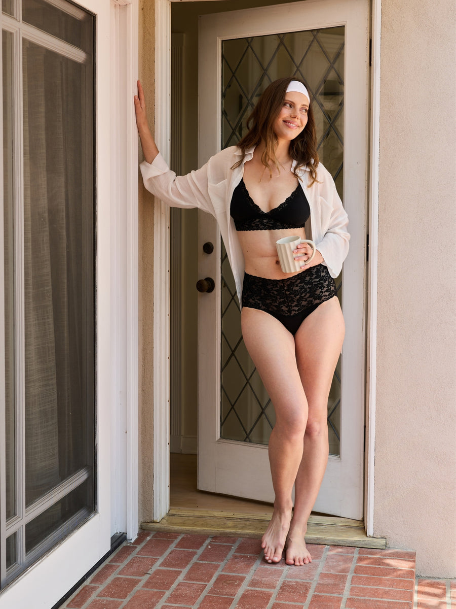 Black Supima® Cotton Padded Bralette layered under open shirt - On Model Morning Lifestyle Shot | Hanky Panky