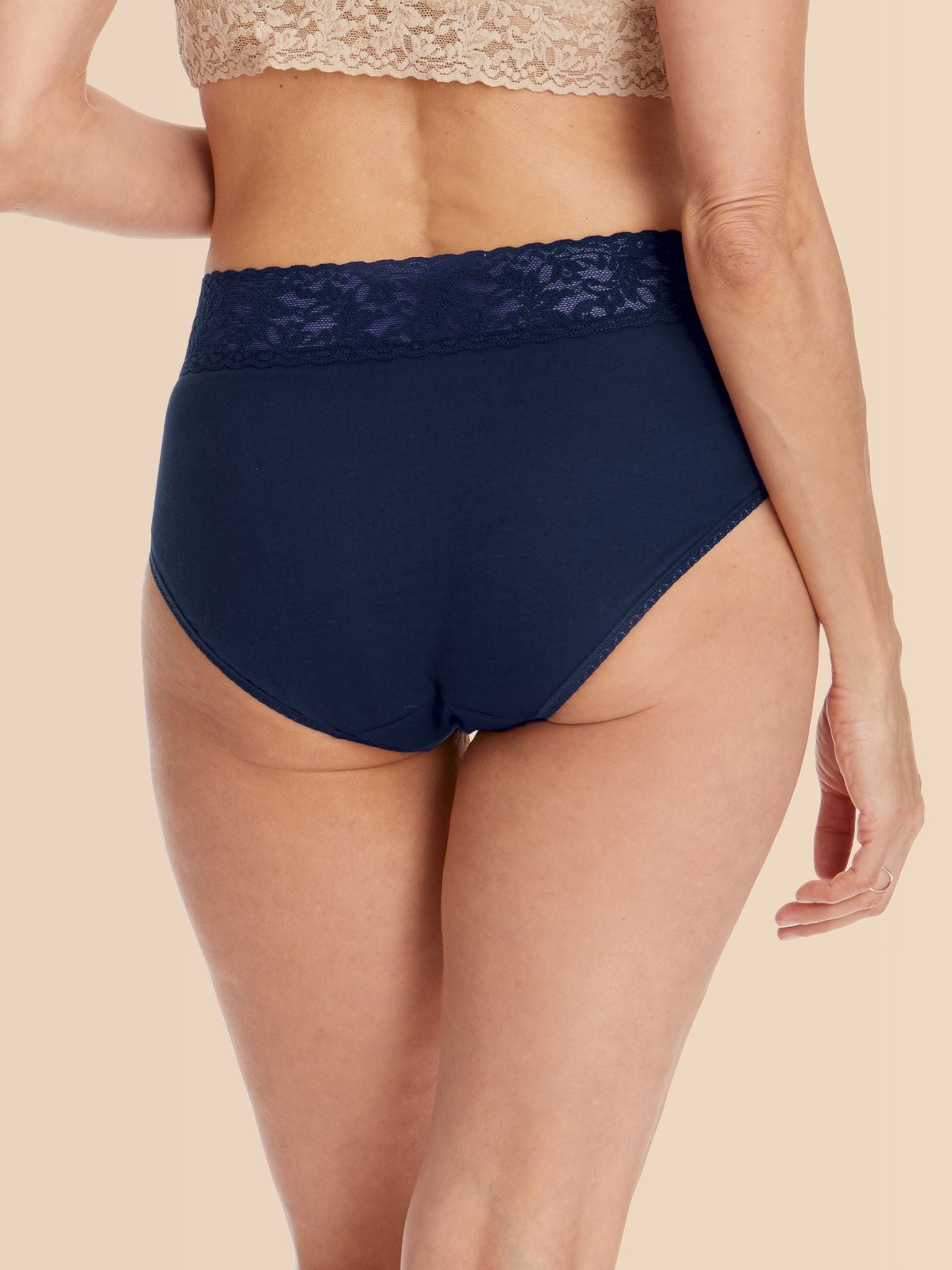 Model facing back in Supima® Cotton French Brief Navy