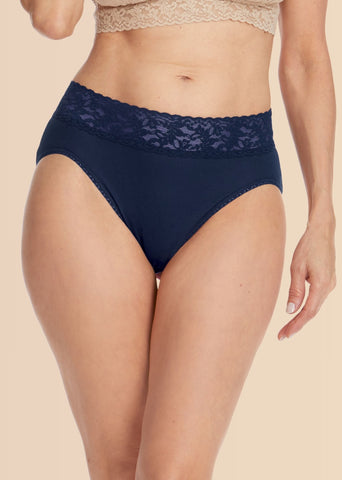 Model facing front in Navy Supima® Cotton French Brief with lace waistband - Front View | Hanky Panky
