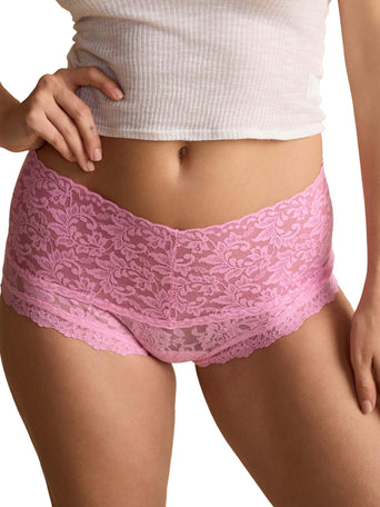 Strawberry Lemonade Pink lace Retro Boyshort on model with crop top - Front View | Hanky Panky