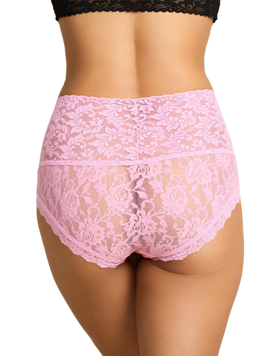 Pink floral lace high waist Retro Boyshort full coverage back on model - Back Detail | Hanky Panky