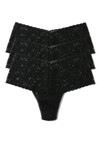 Black Retro Lace High Rise Thong 3-Pack - Flat Lay, Wide Waistband Detail | Hanky Panky
