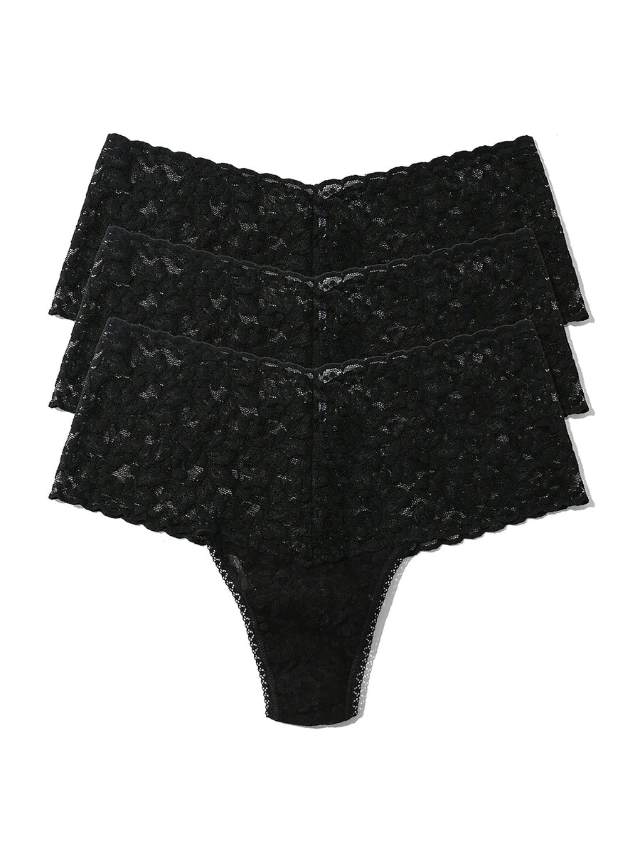 Black Retro Lace High Rise Thong 3-Pack - Flat Lay, Wide Waistband Detail | Hanky Panky