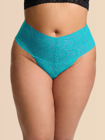 Turkish Tile Blue Lace Plus Size Retro Thong - Front View On Model | Hanky Panky