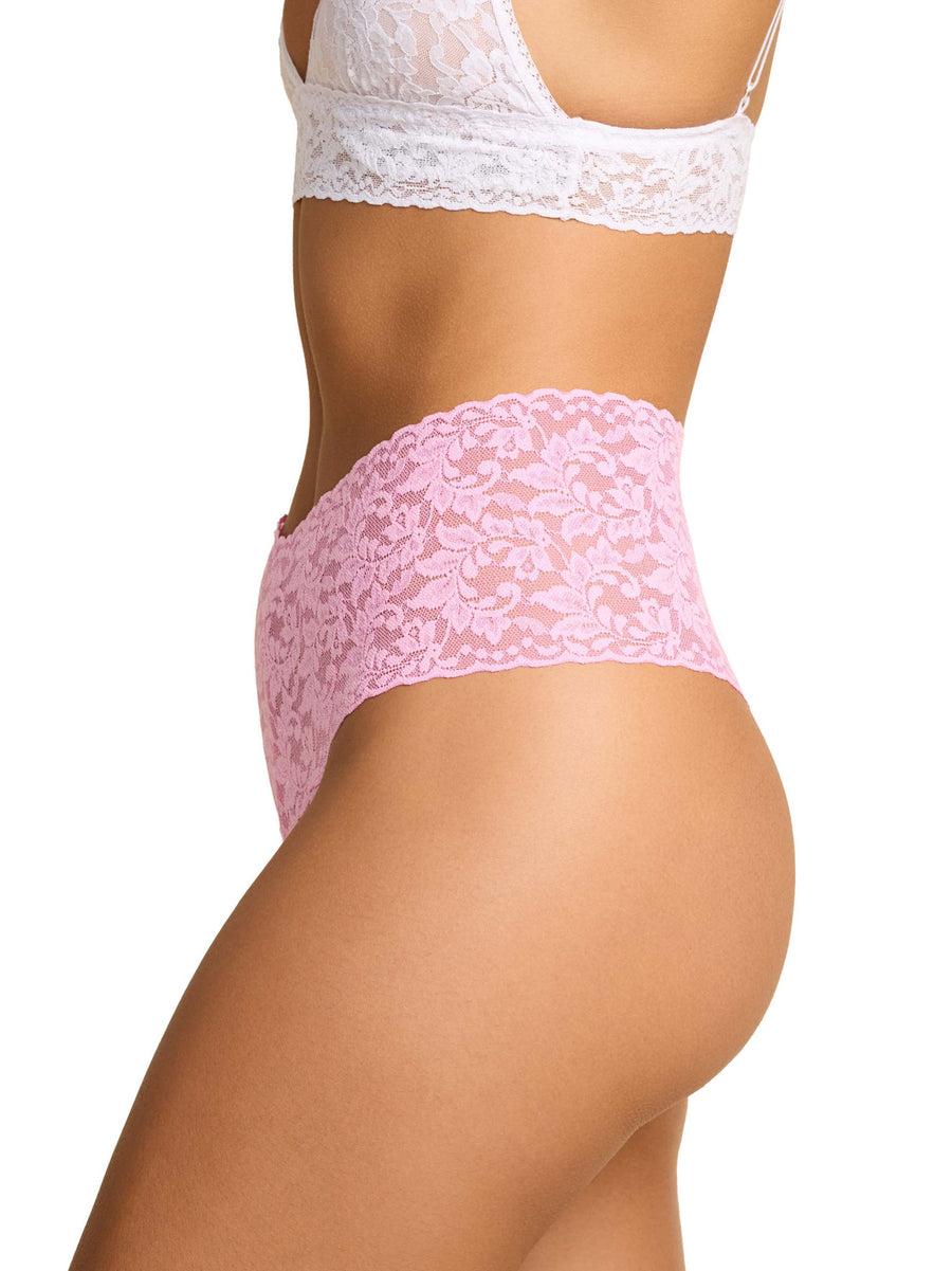 Retro Lace Thong Strawberry Lemonade Pink - Side Profile Showing High Rise Fit | Hanky Panky