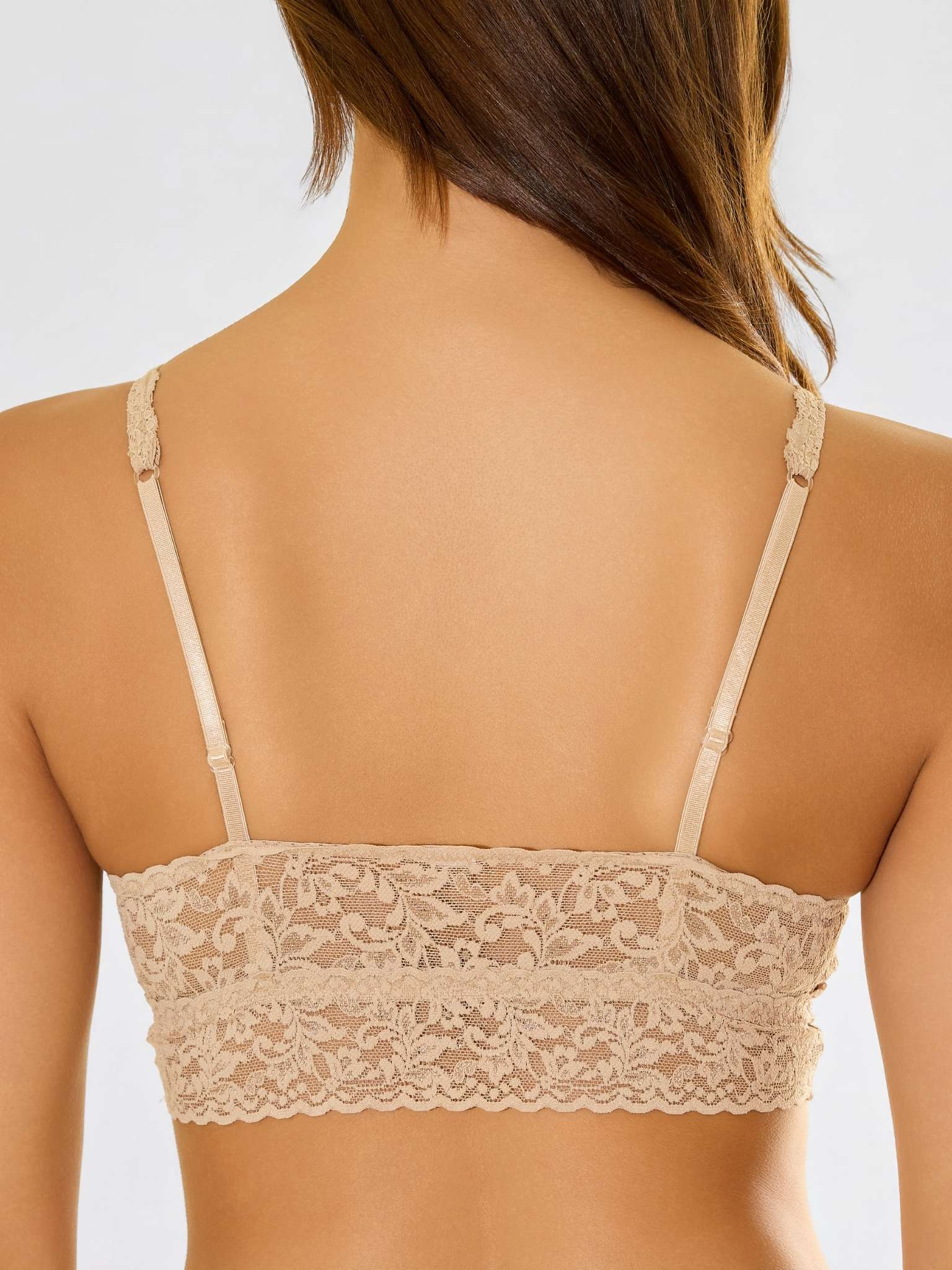 Model facing back in V-Neck Retro Lace Bralette Chai