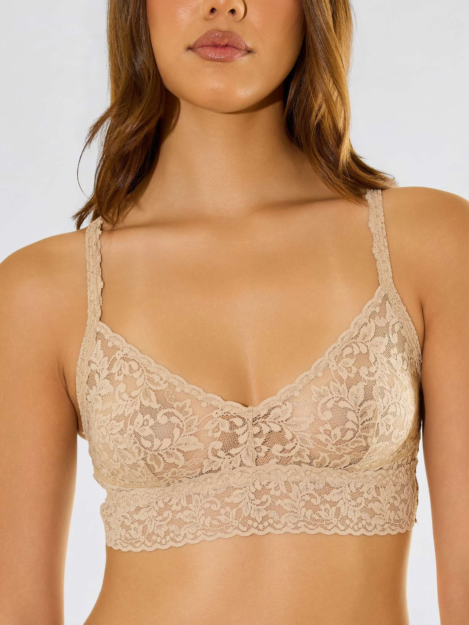 Front view model wearing V-Neck Retro Lace Bralette Chai
