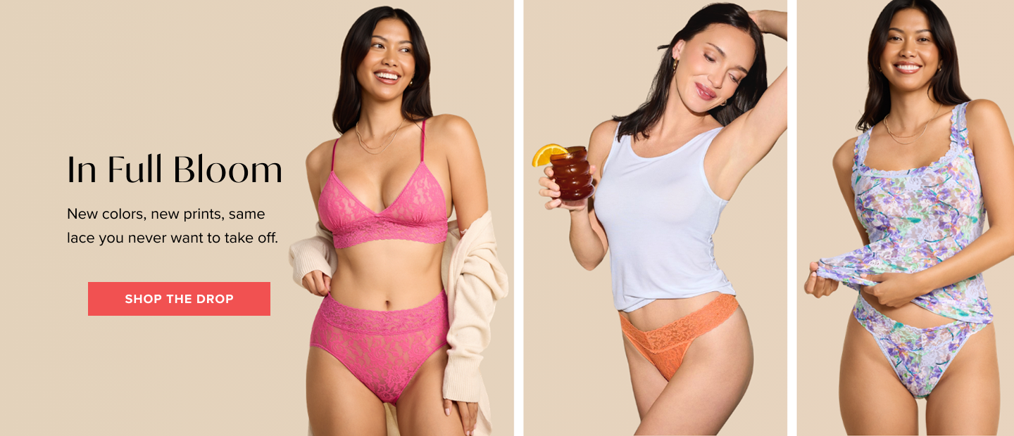 3 models on beige background highlighting summer colors and prints in matching lingerie and mixing and matching styles exuding confidence. There is a call to action button to click too to go and see the new arrivals