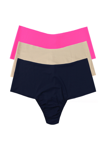 BreatheSoft™ High Rise Thong 3-Pack in Pink, Taupe & Navy - Flat Lay | Hanky Panky